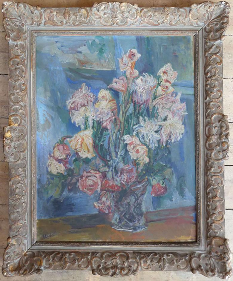 Weiße Blumen und Rosen mit weißen Blumen – Painting von Henri Epstein 