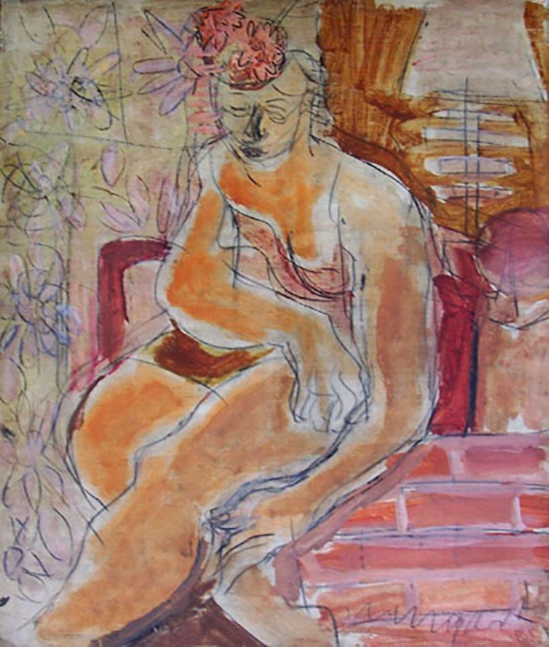 Sitzende Frau mit geblümtem Hut – Painting von Joachim Weingart