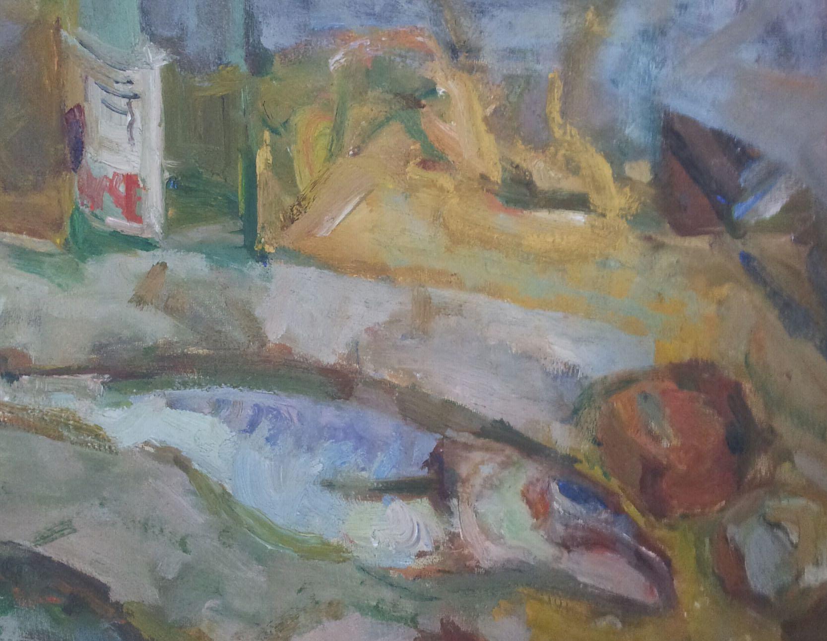Stillleben mit Flasche und Fisch (Grau), Still-Life Painting, von Zygmunt Schretter