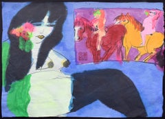 Reclining Woman with Horseriders - Chinese American Art Watercolour Ink