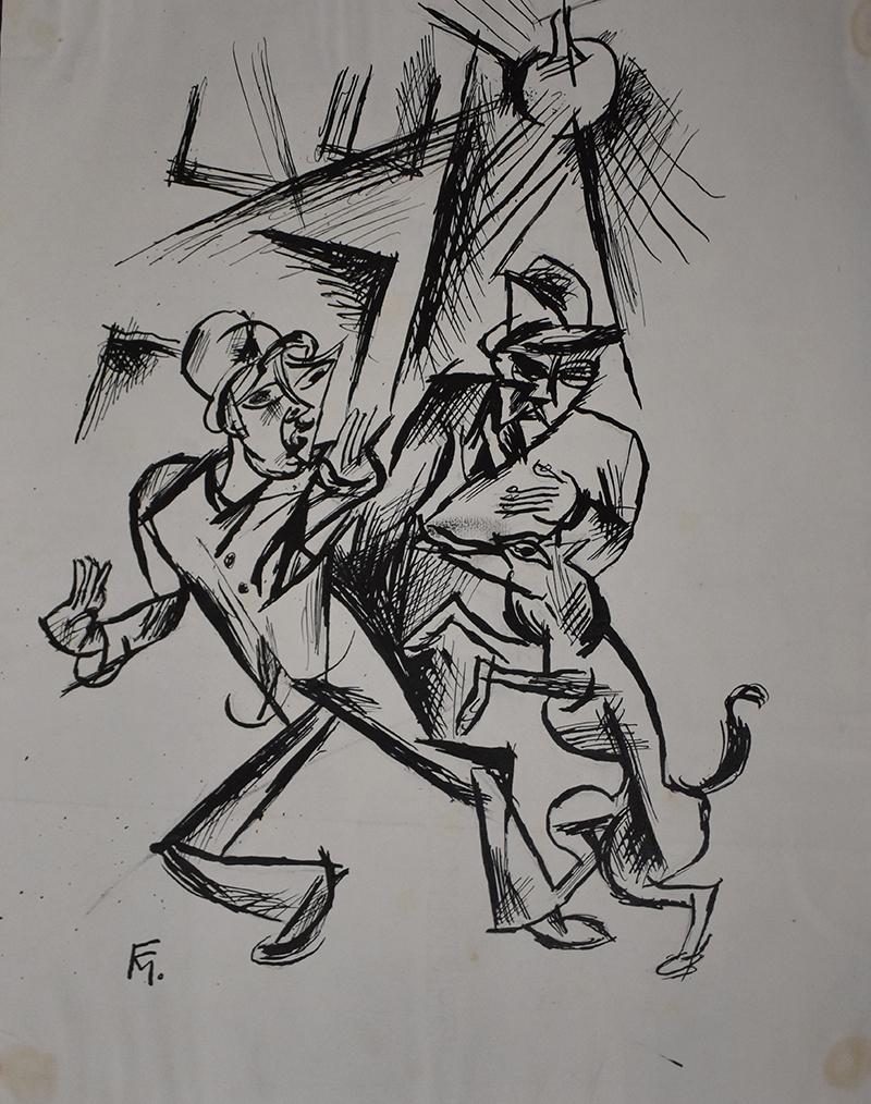 Conrad Felixmuller Portrait - Two Men  Zwei Männer -  Monogrammed India Ink Drawing German Expressionism