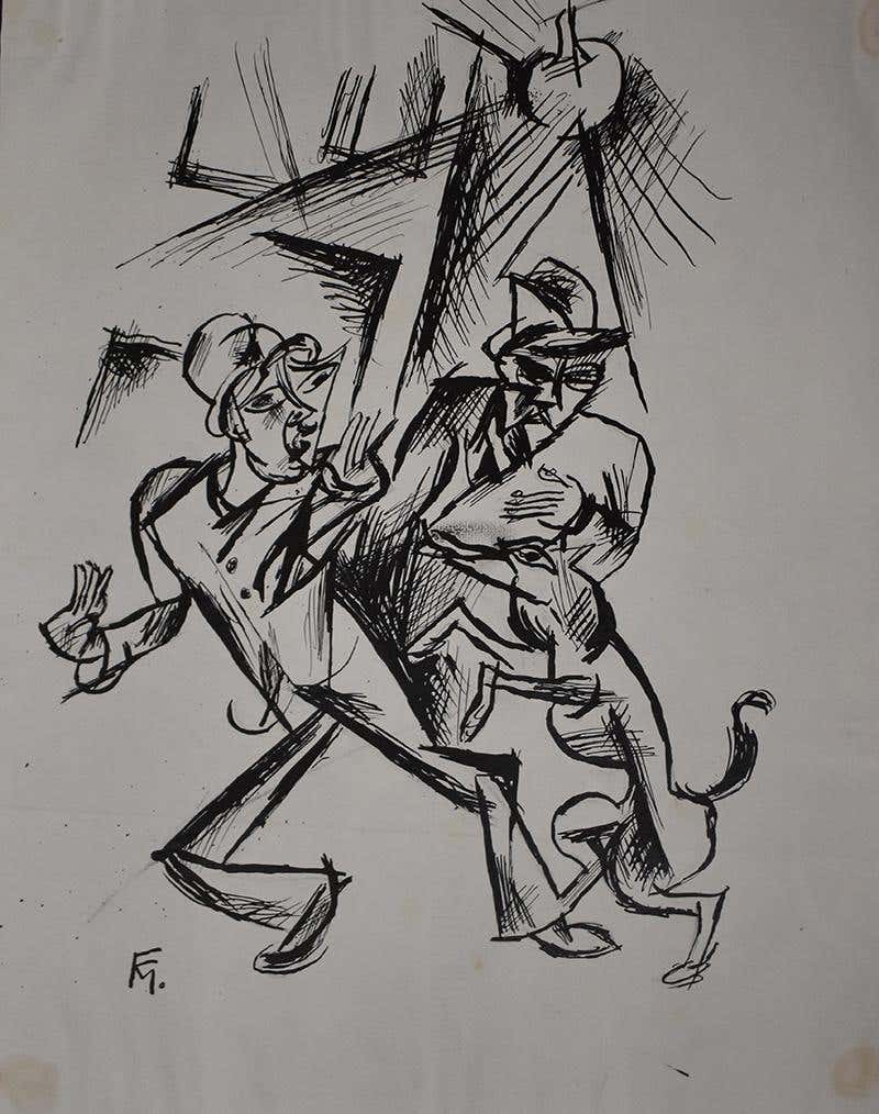 Two Men Zwei Männer - Monogrammed India Ink Drawing German Expressionism