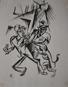 Two Men  Zwei Männer -  Monogrammed India Ink Drawing German Expressionism