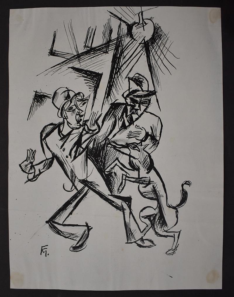 Two Men  Zwei Männer -  Monogrammed India Ink Drawing German Expressionism - Art by Conrad Felixmuller