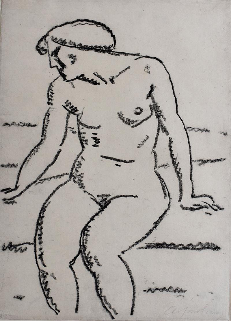 Dessin d'un nu assis avec un visage au crayon - Nu féminin