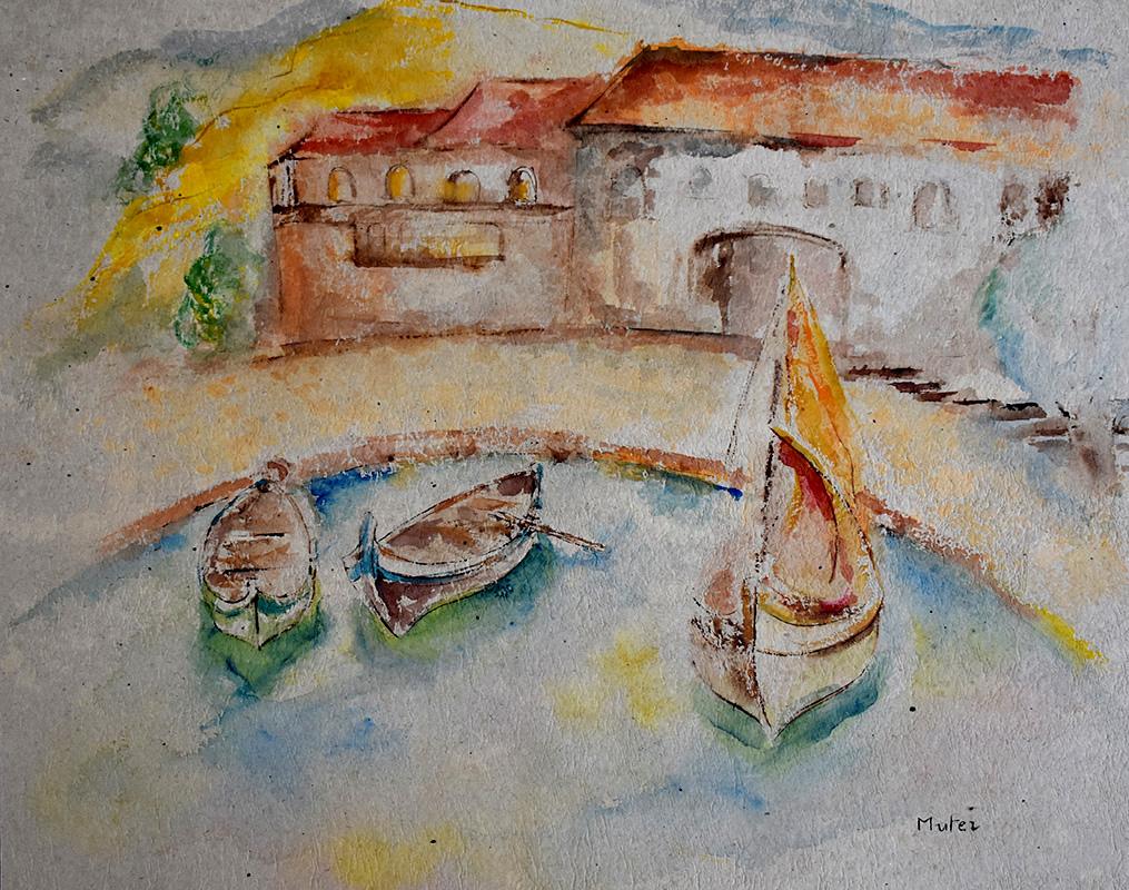 Port in Saint Tropez - Watercolour and Ink - Polish Ecole de Paris