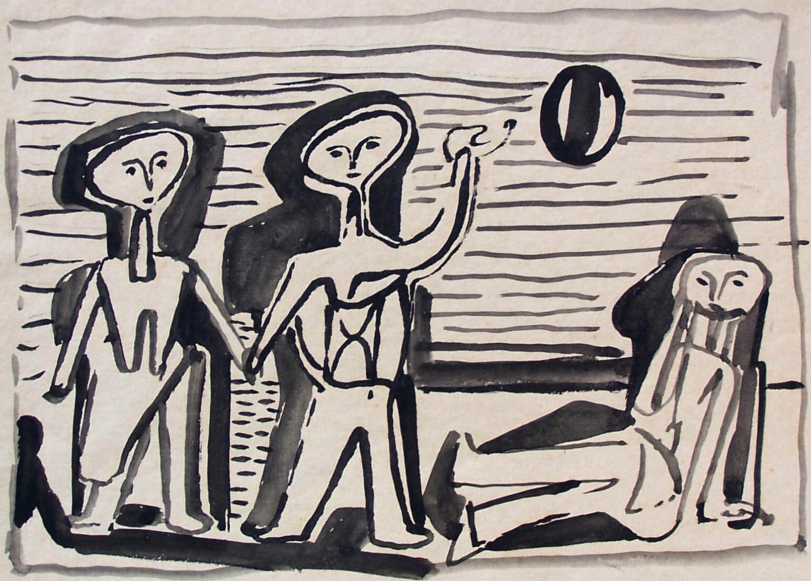 Jankel Adler Figurative Art - Bathers Playing with a Ball at the Beach - Polish Art British German