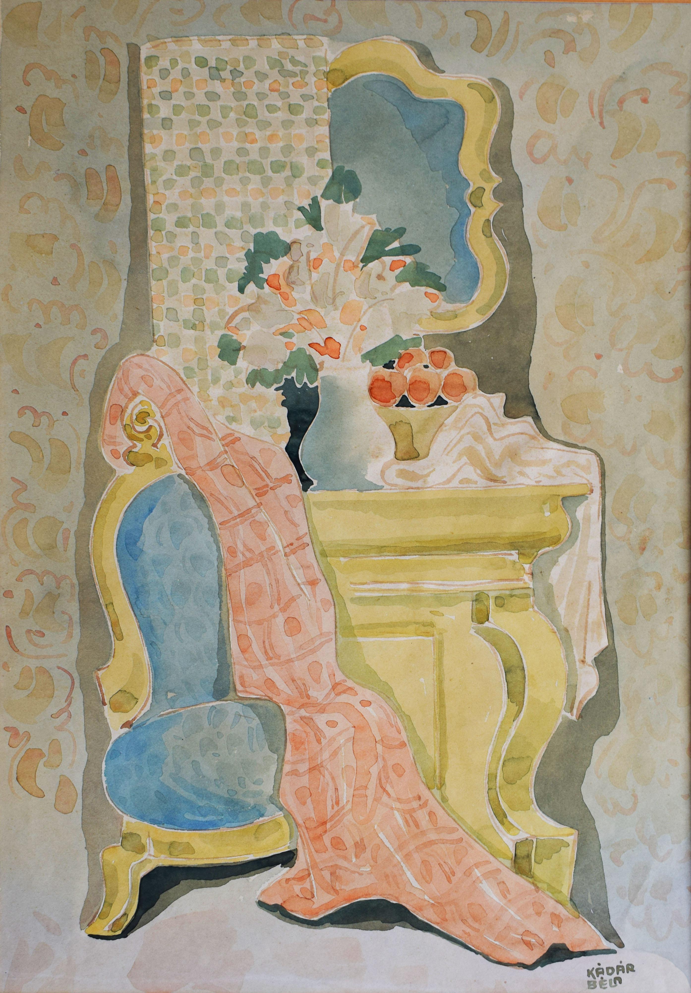 Interior with Mirror, Flowers and Armchair - Watercolour Hungarian Art Cubism