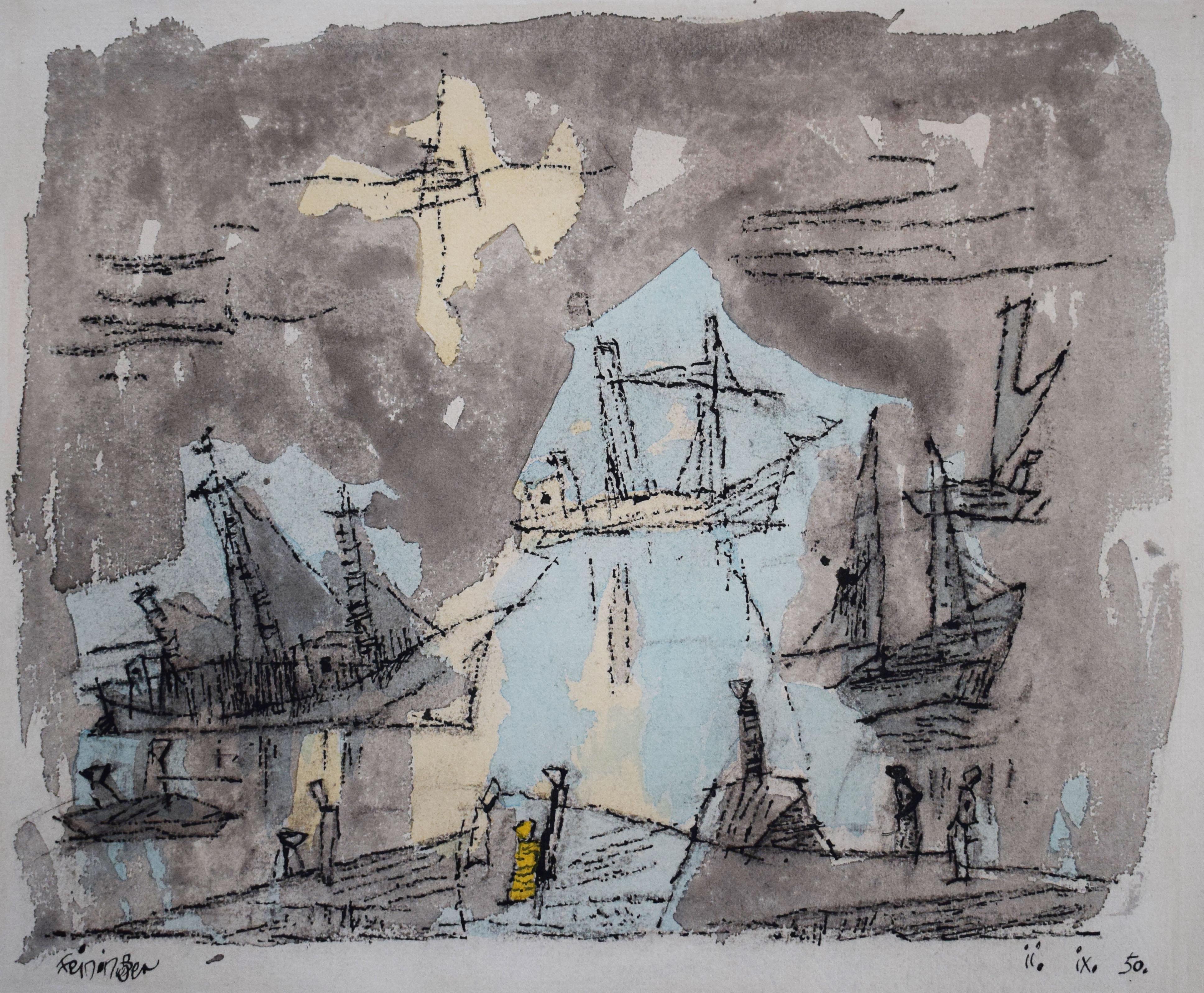 Landscape Art di Lyonel Feininger - Navi a vela, imbarcazioni e figure sulla costa - Navi a vela Costa