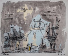 Segelschiffe, Boote und Figuren an der Küste – Küstenlinie von Segelschiffen