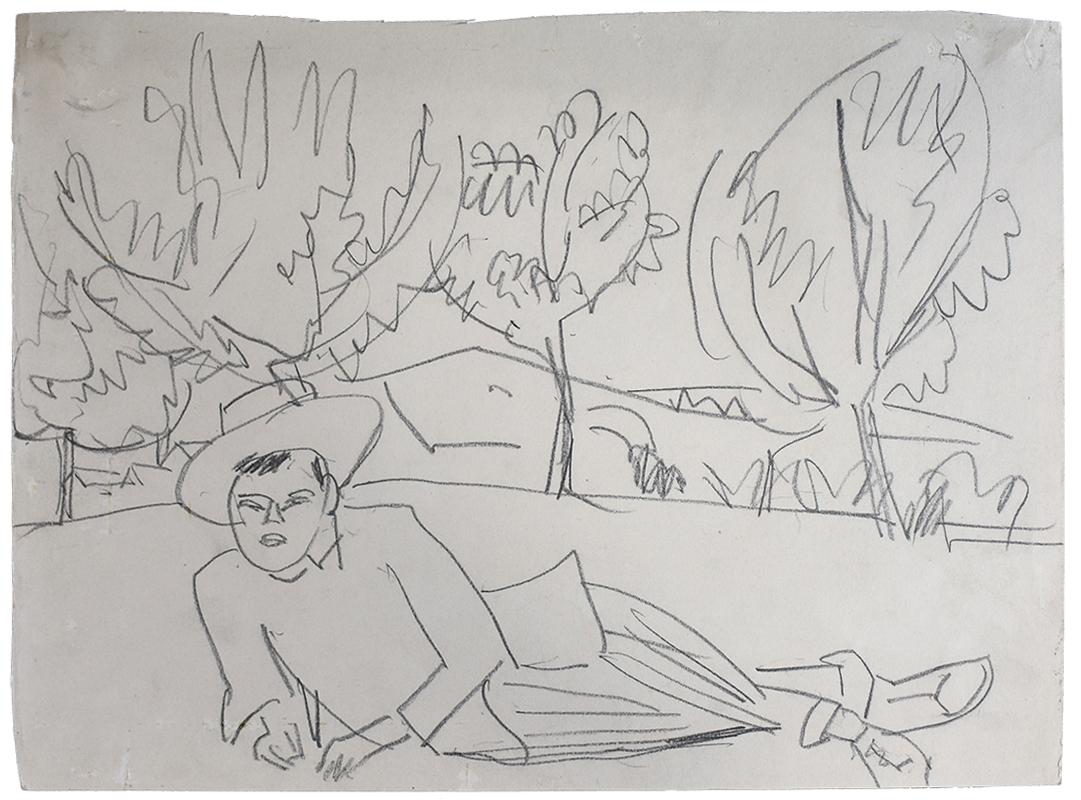 Figurative Art de Ernst Ludwig Kirchner - Joven reclinado  Liegender junger Mann - Dibujo Expresionismo Alemán