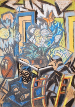 Couple at the Table with Flowers - Hungarian Futurism Cubism 1930s Figurative