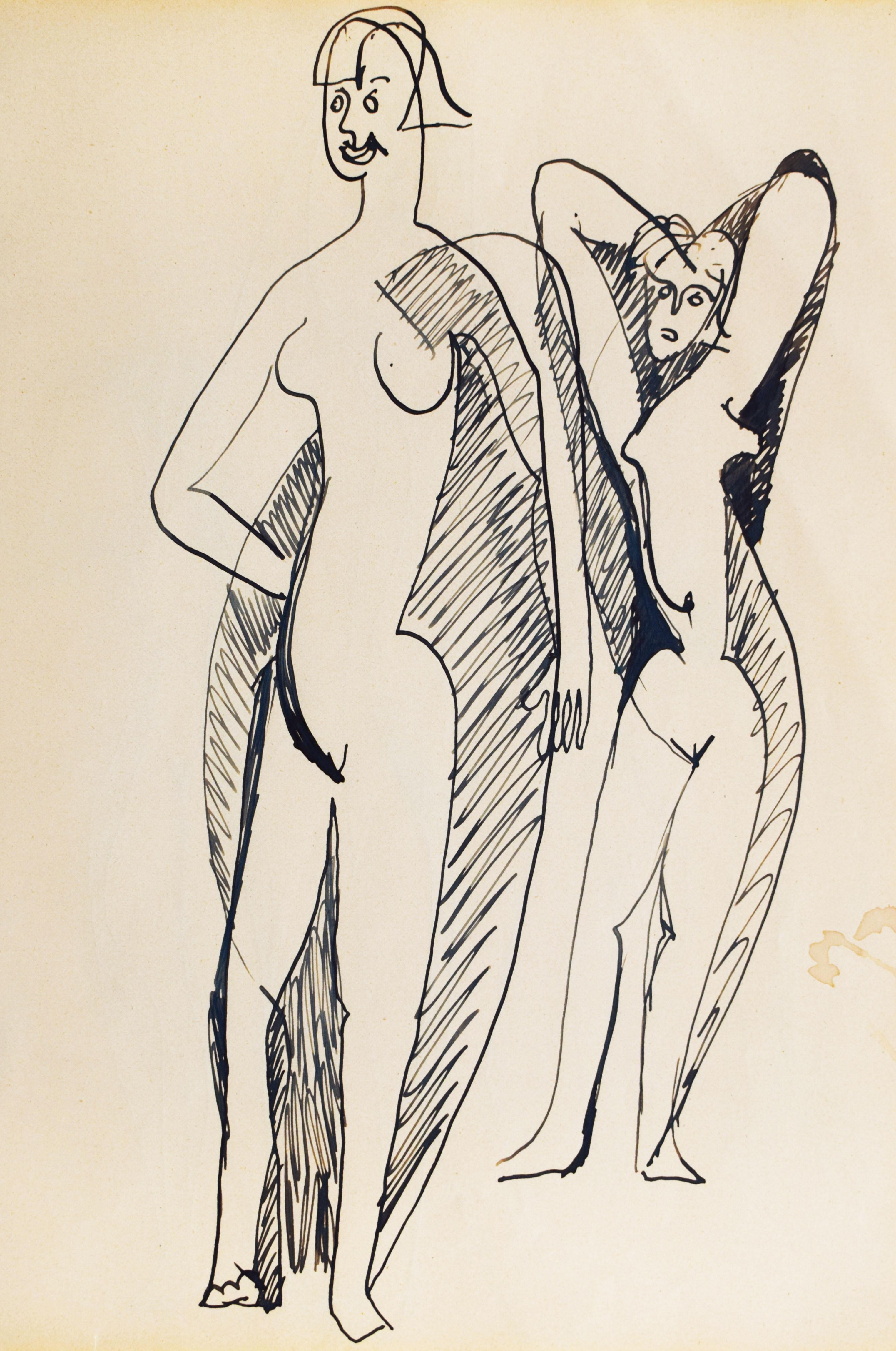 Ernst Ludwig Kirchner Figurative Art – Zwei Stehende Akte/ Vier Figuren - Doppelseitige Zeichnung Deutscher Expressionismus