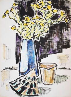 Vase with Yellow Flowers and Seasnail Shell - Still Life German Expressionism
