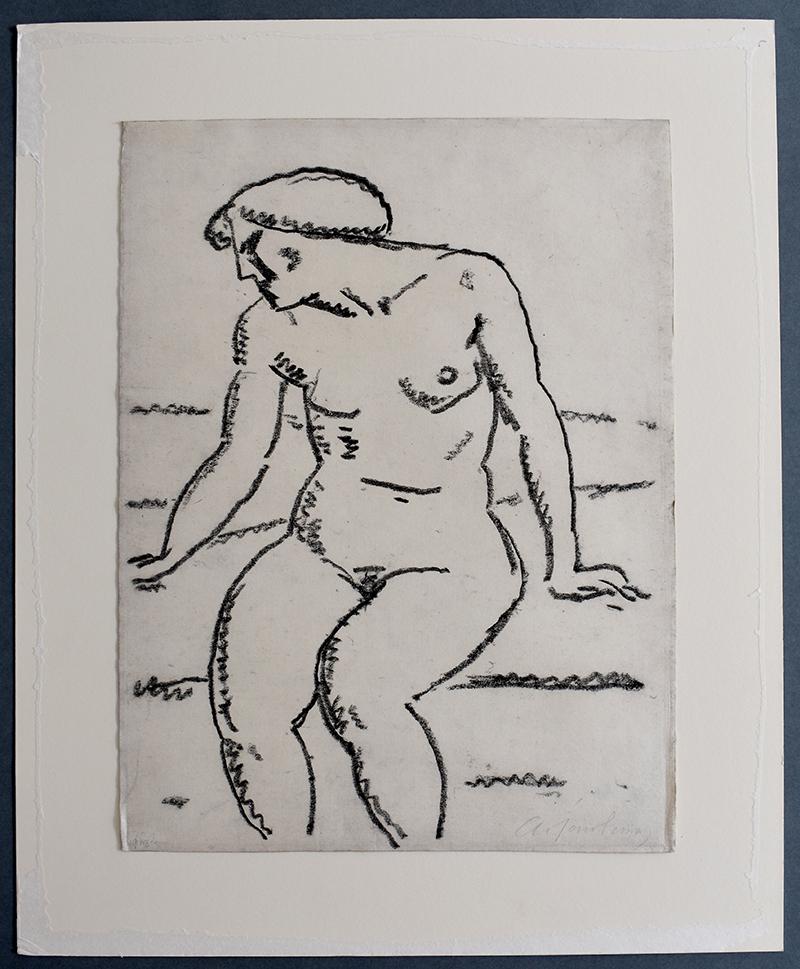 Seated nude with Face in Profile - Pencil Drawing - female Nude - Art by Alexej Jawlensky
