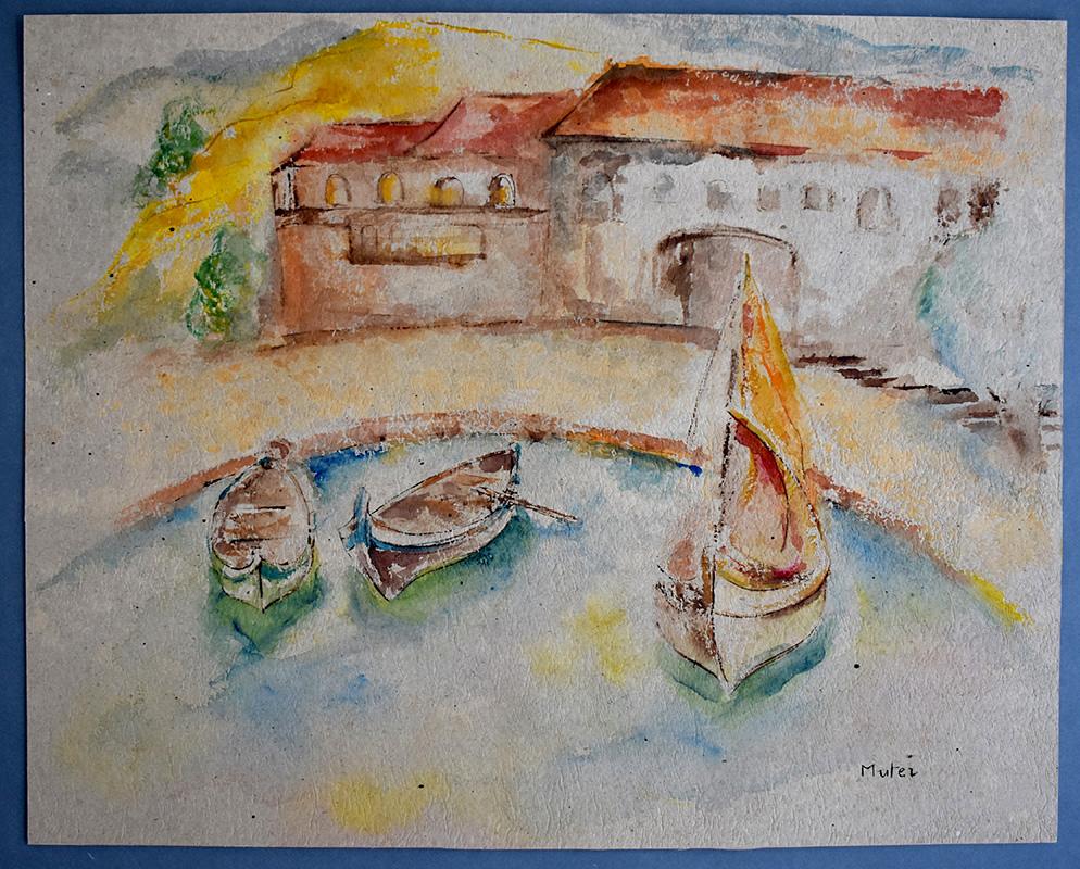 Port in Saint Tropez - Watercolour and Ink - Polish Ecole de Paris - Art by Mela Muter