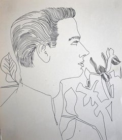 Male Portrait with Iris and Daffodils - Ink Drawing - American Por Art