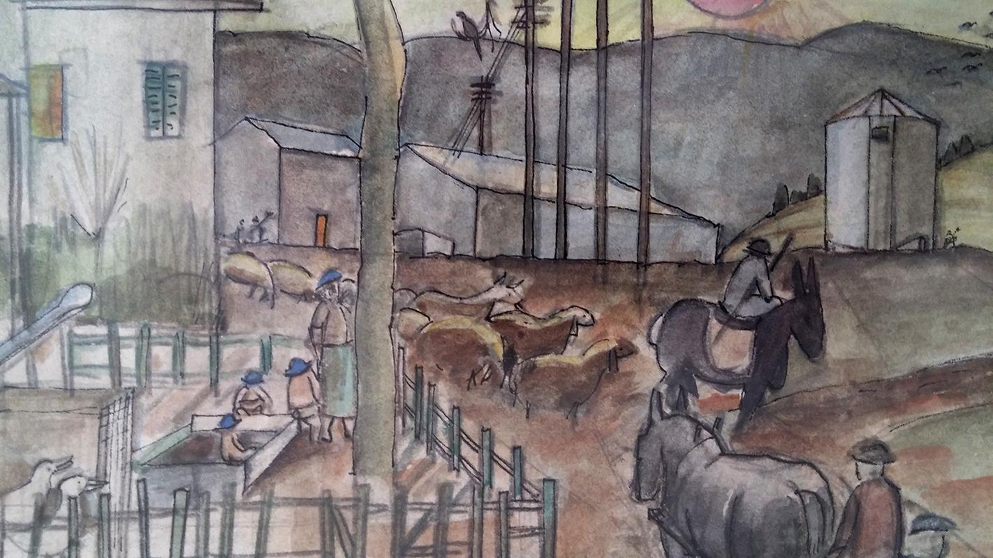 This watercolour on paper is signed by the artist “J. Gurvich” at the lower left corner. It is also signed in Hebrew and dated “1956” at the lower right corner.

Provenance: The collection of Pinchus (Pancho) Getz, Kibbutz Ramot Menashe,