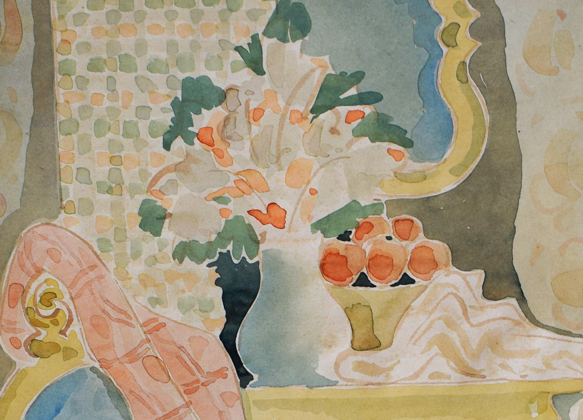 Interior with Mirror, Flowers and Armchair - Watercolour Hungarian Art Cubism For Sale 1