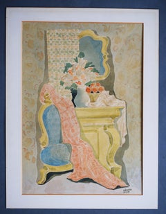 Interior with Mirror, Flowers and Armchair - Watercolour Hungarian Art Cubism