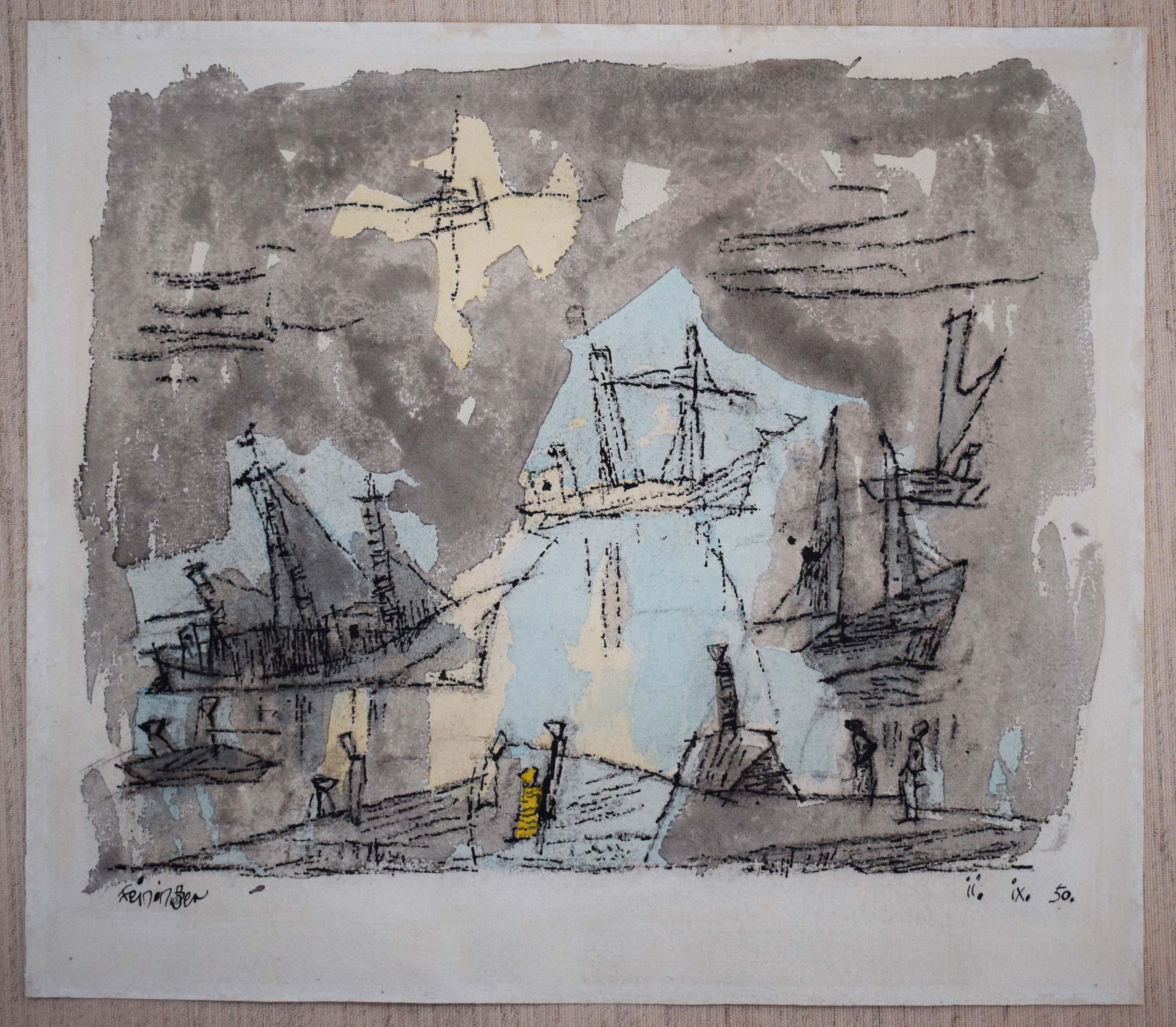 Navi a vela, imbarcazioni e figure sulla costa - Navi a vela Costa - Art di Lyonel Feininger