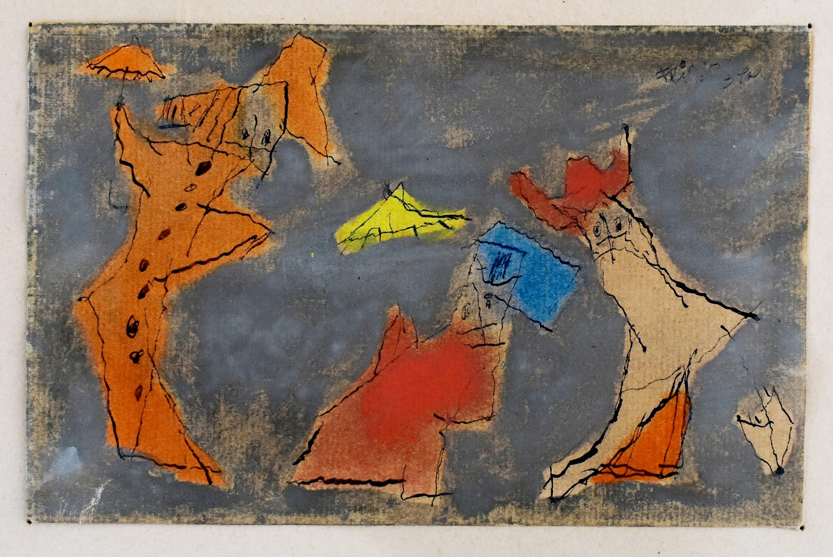 Three Figures with Umbrellas - Watercolor German American Bauhaus - Art by Lyonel Feininger