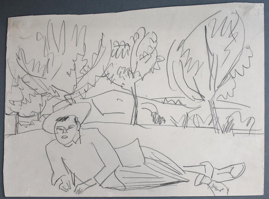 Joven reclinado  Liegender junger Mann - Dibujo Expresionismo Alemán - Art de Ernst Ludwig Kirchner