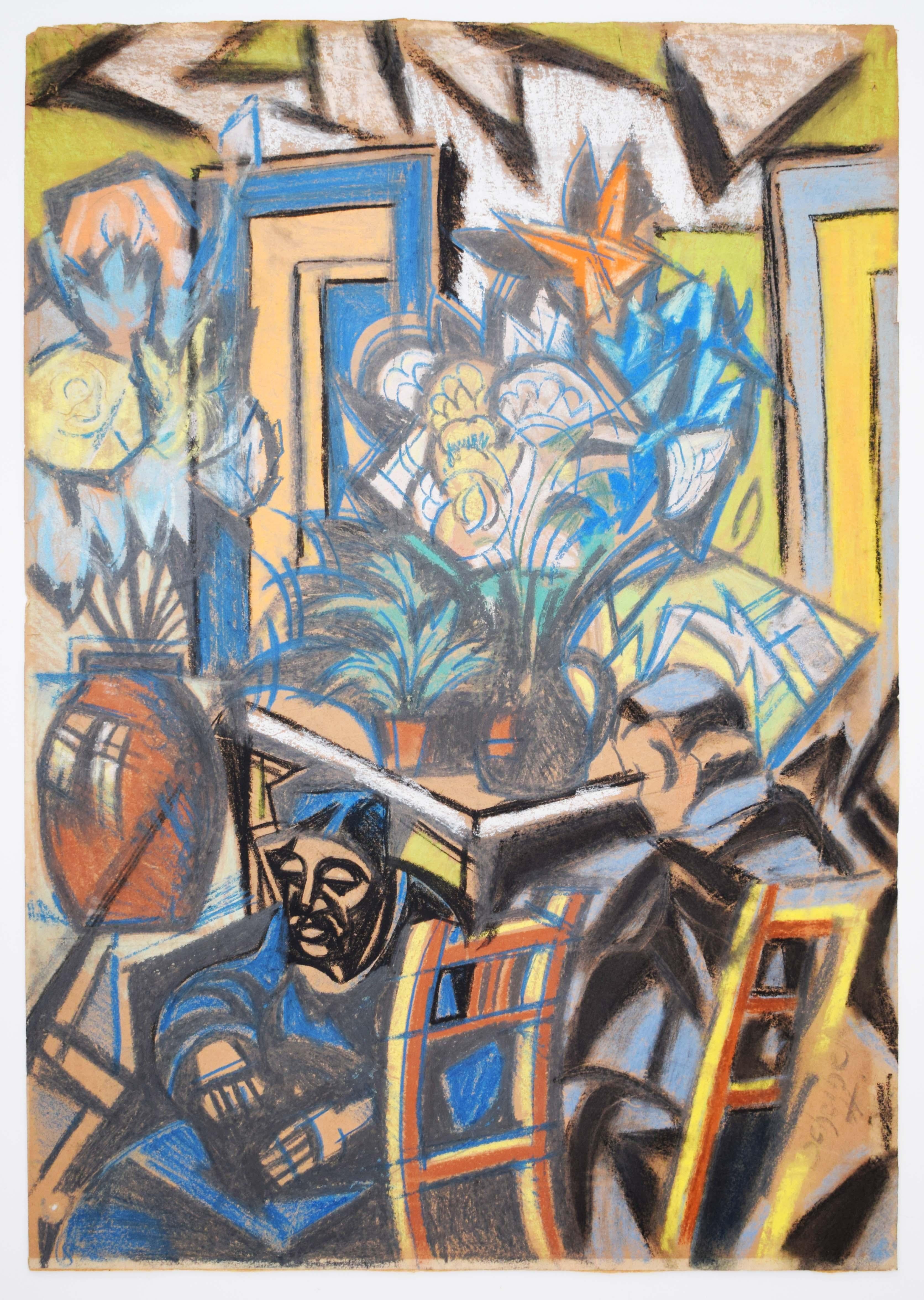 Couple at the Table with Flowers - Hungarian Futurism Cubism 1930s Figurative - Art by Hugó Scheiber
