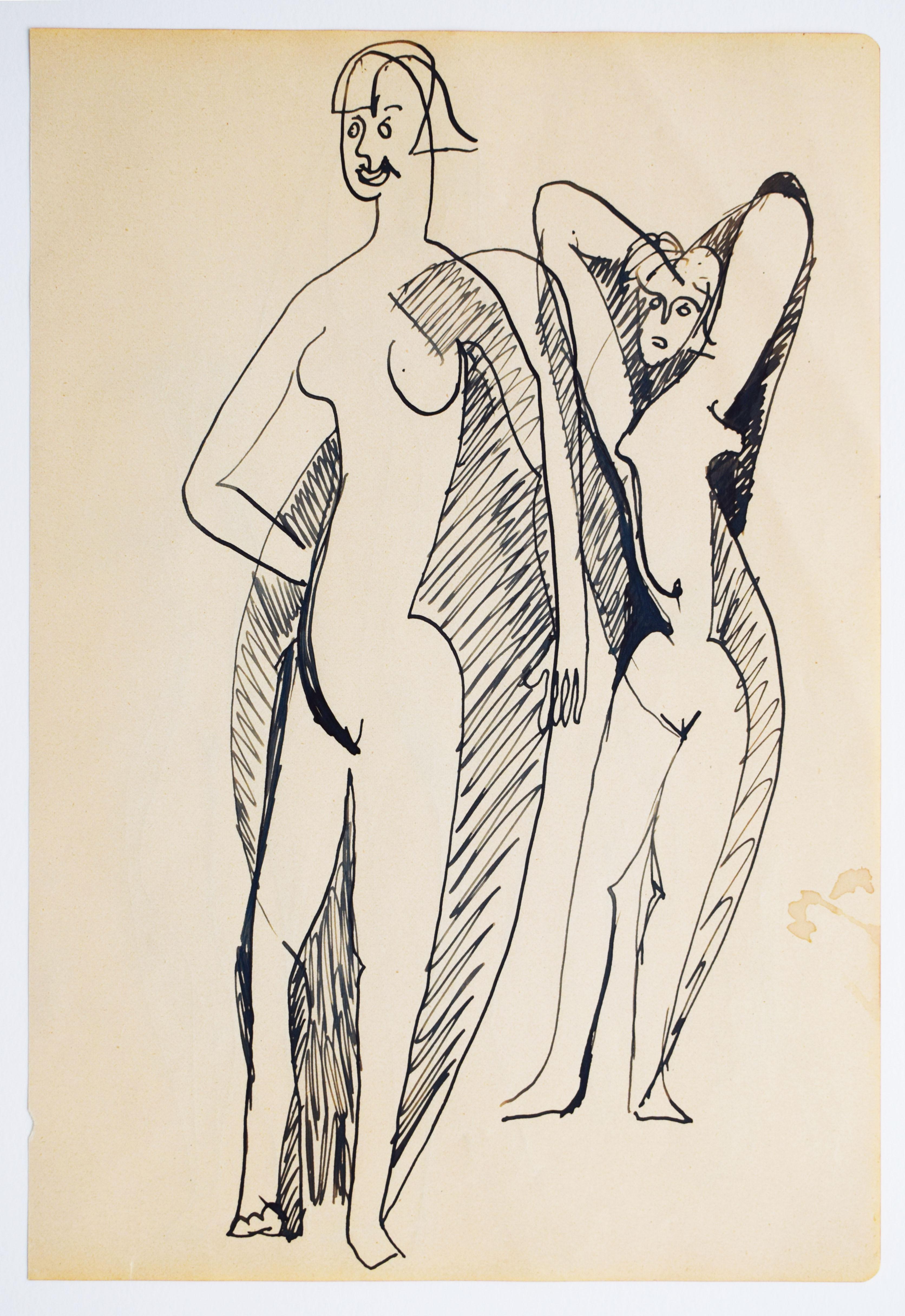 Zwei Stehende Akte/ Vier Figuren - Doppelseitige Zeichnung Deutscher Expressionismus – Art von Ernst Ludwig Kirchner