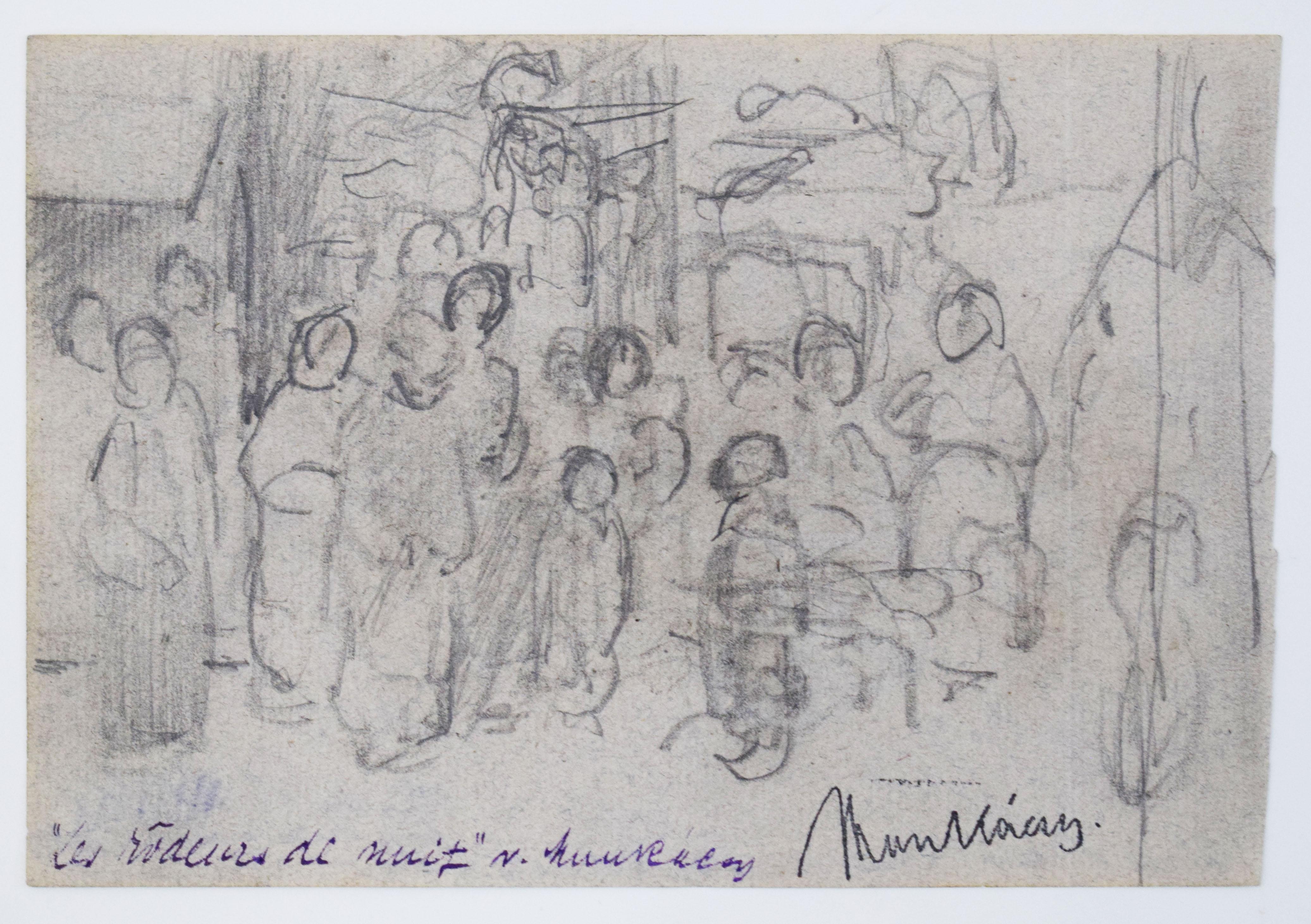 Skizze für Tramp bei Nacht - Zeichnung Ungarische Kunst 1873 – Art von Mihaly Von Munkacsy