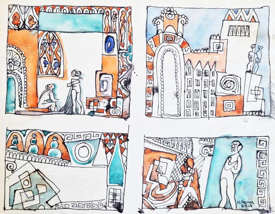 Four Scenes Winter Landscape - Watercolour Hungarian Cubism