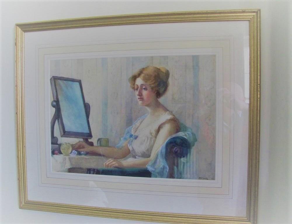 A lady at her dressing table Signed and indistinctly dated 190*, watercolour, Miss K* B* Curtis (ex.1917 -1919) framed and glazed(modern frame) ready to hang in very good condition size overall 30 x 24 inches approx. size of painting 20 x 14 inches