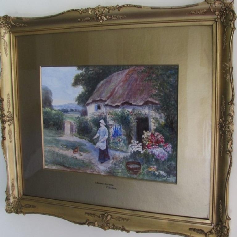 V JORDAN (19th Century) , A Surrey Cottage watercolour heightened with white, signed, inscribed mounts, size overall 23 x 19 inches approx. painting 9 1/2" x 13 1/2", in overall good condition frame has some loss of moulding but is self coloured.