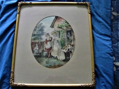 Antique 19th Century Watercolour Portrait Country Scene Milk Maids Farm Scene