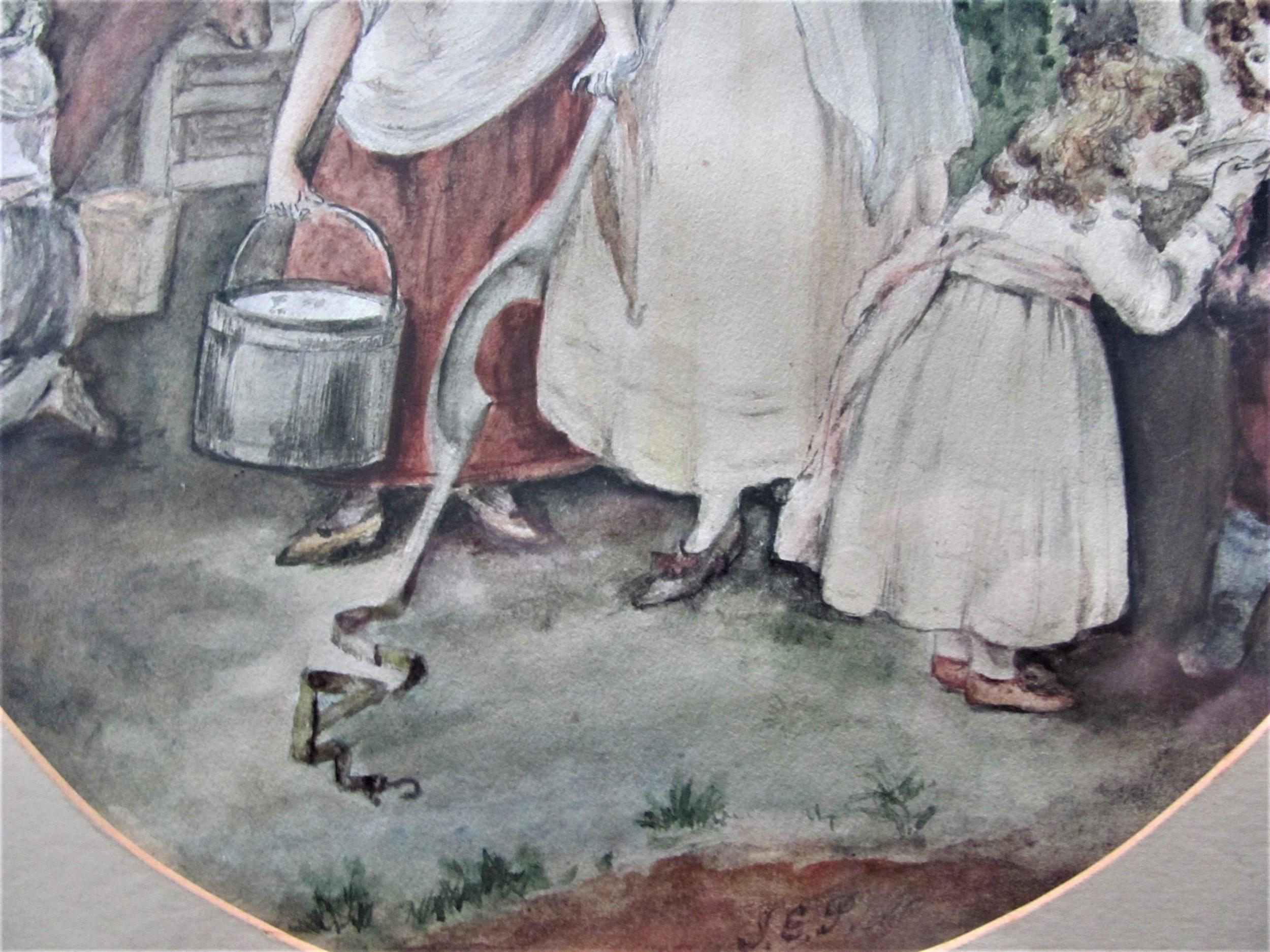 Aquarell-Porträt-Landschaftsssssszene mit Milchmädchen und Bauernhofsszene, 19. Jahrhundert (Grau), Figurative Art, von 19th Century English School