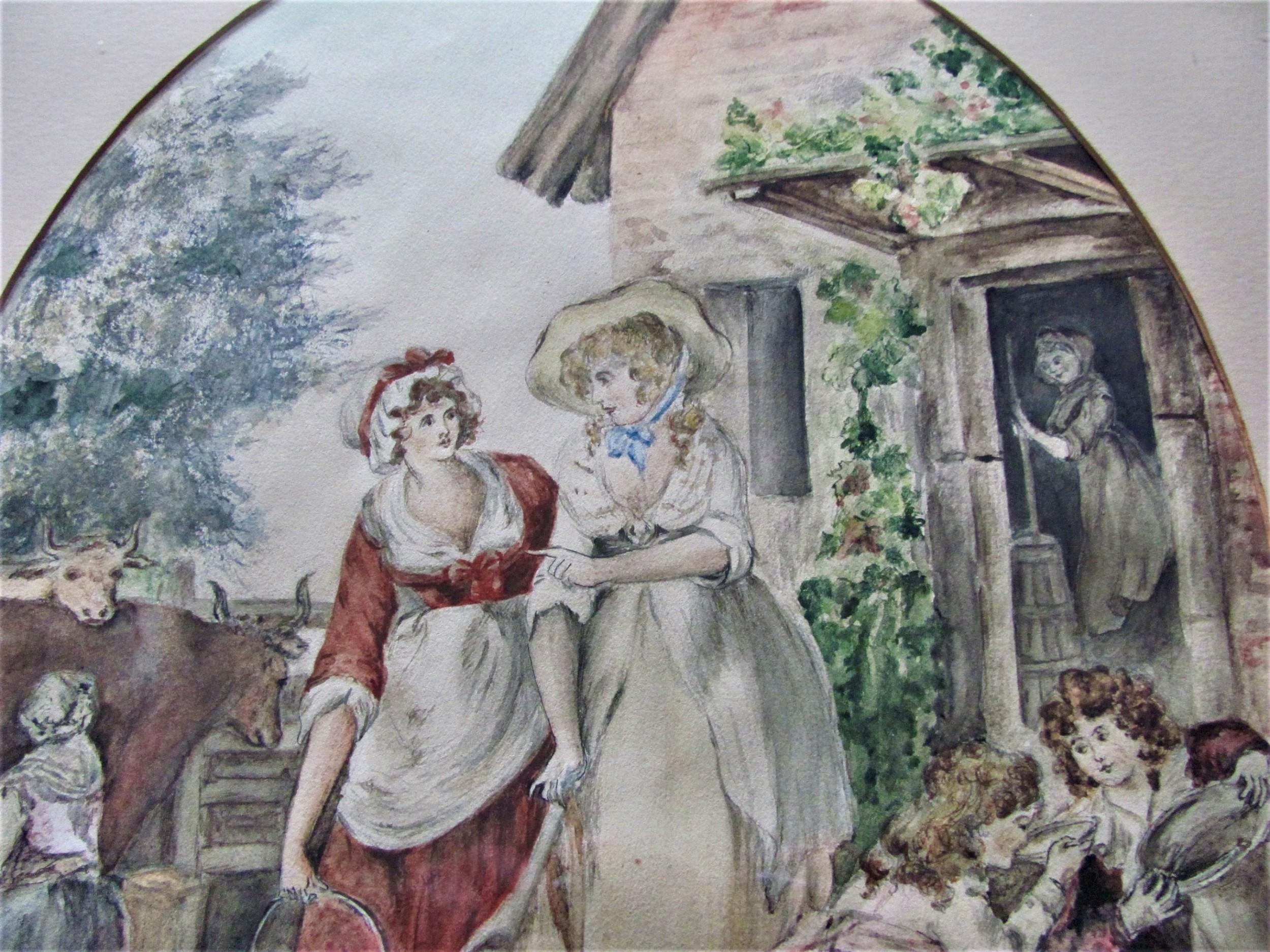 19th Century Watercolour Portrait Country Scene Milk Maids Farm Scene - English School Art by 19th Century English School