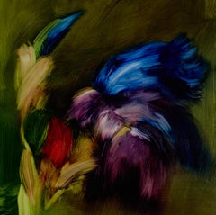 "Iris and Poppies V, " gestural painting, abstracted floral composition
