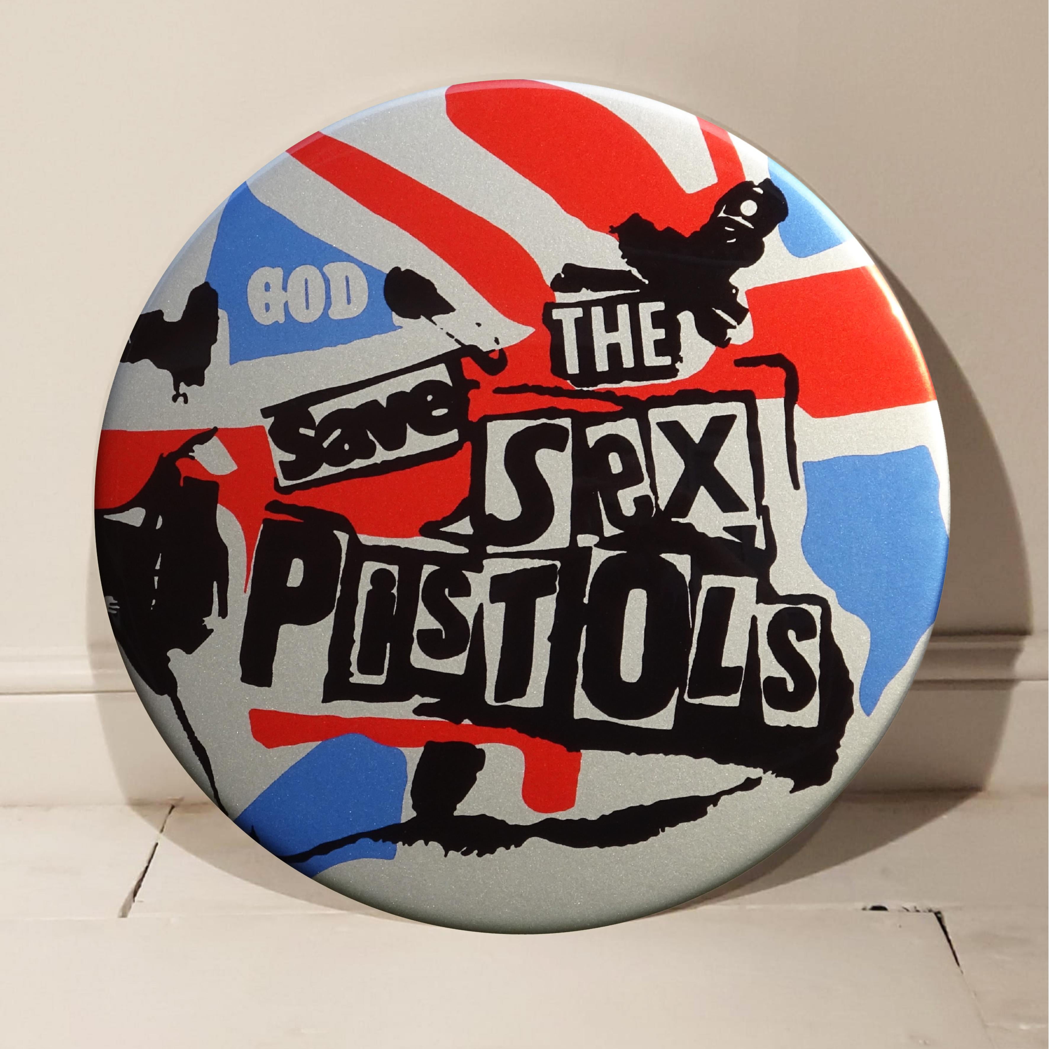 God Save The Sex Pistols (Metallic) Riesiger handgefertigter 3D-Vintage-Knopf