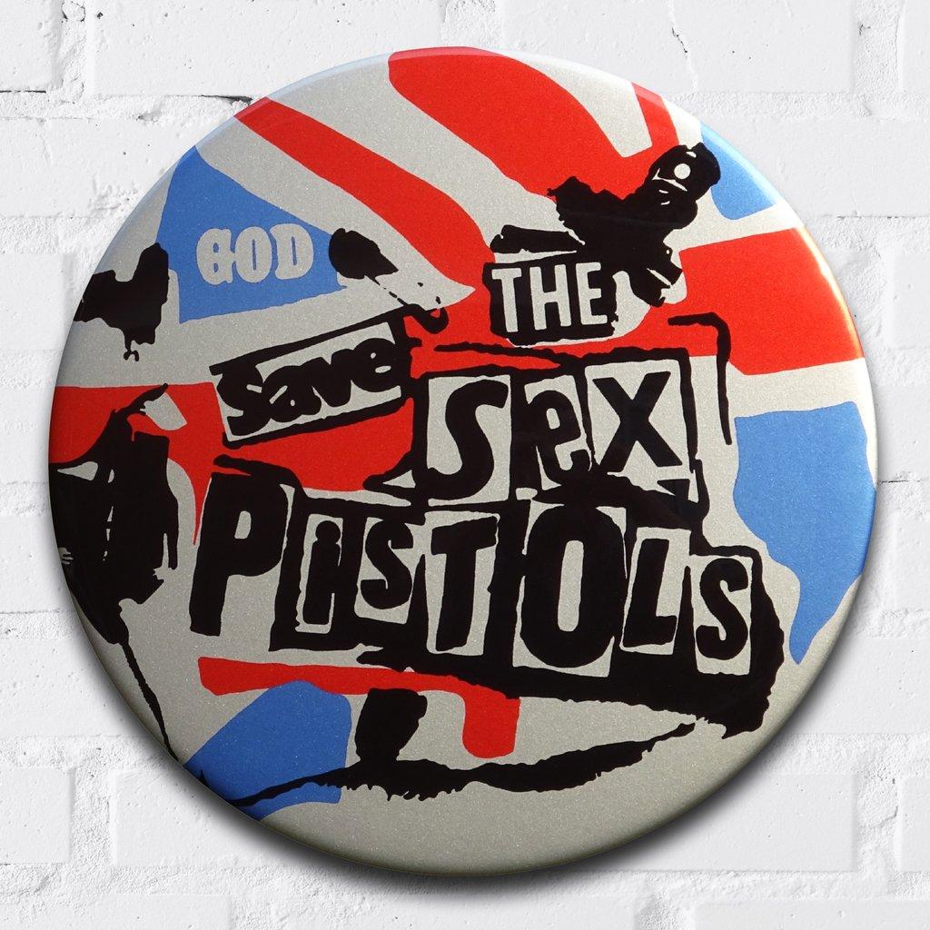 God Save The Sex Pistols (Metallic) Giant Handmade 3D Vintage Button - Pop Art Art by Tony Dennis