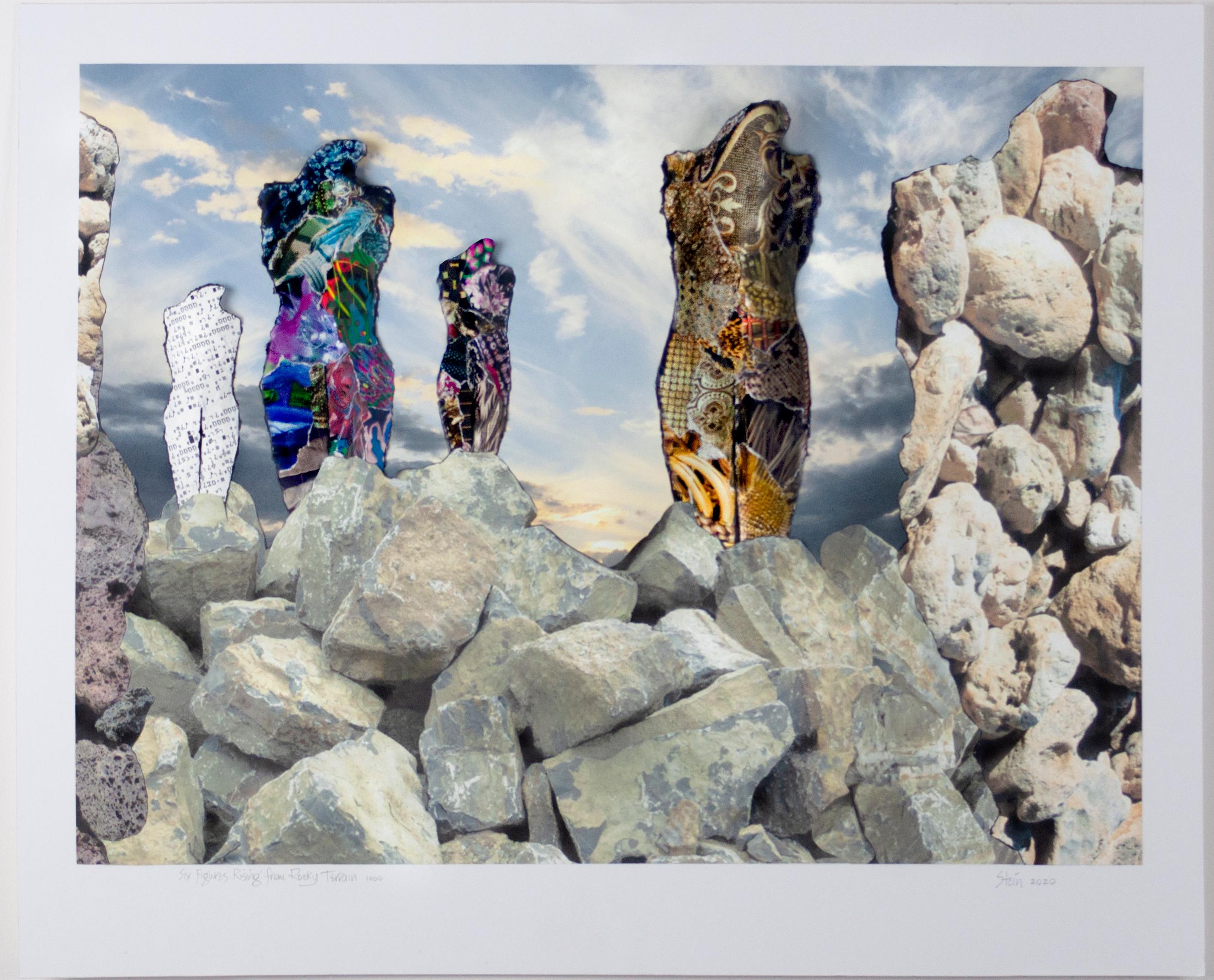 Six personnages s'élevant sur une terre rocheuse 1000 - Collage de dessin sculptural en 3D