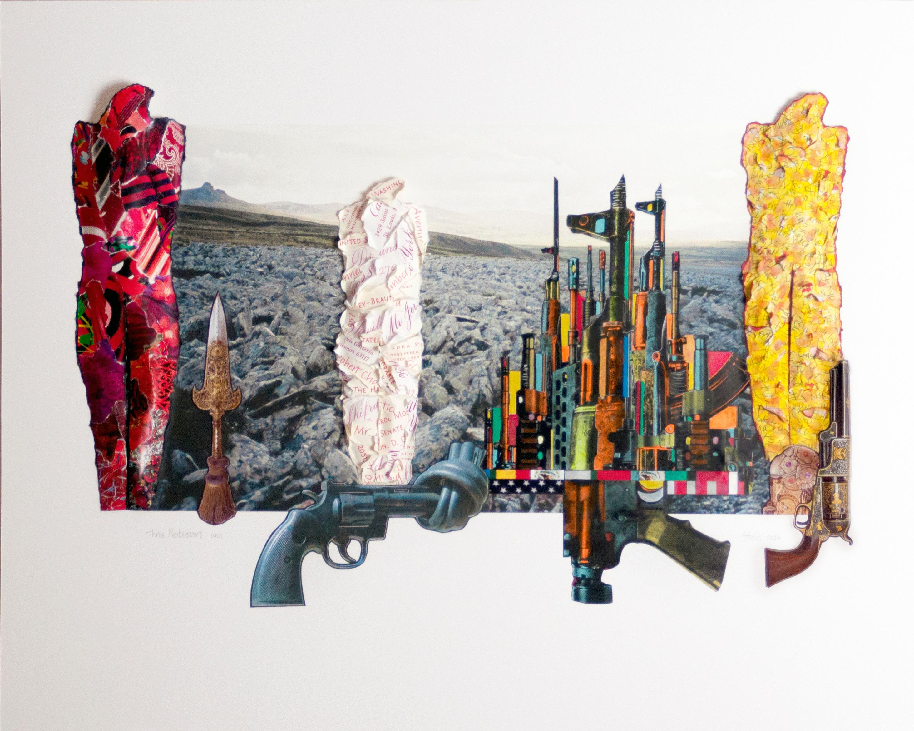 Linda Stein, Three Protectors 1001 - Contemporary 3D Sculptural Drawing Collage

In 2000,  Linda Stein began a series called Knights of Protection.  Her Knights functioned both as defenders in battle and symbols of pacifism.  

In 2019, Stein