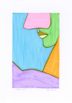Dessin signé à l'encre colorée sur carton - Linda Stein, A.Profiles 1192