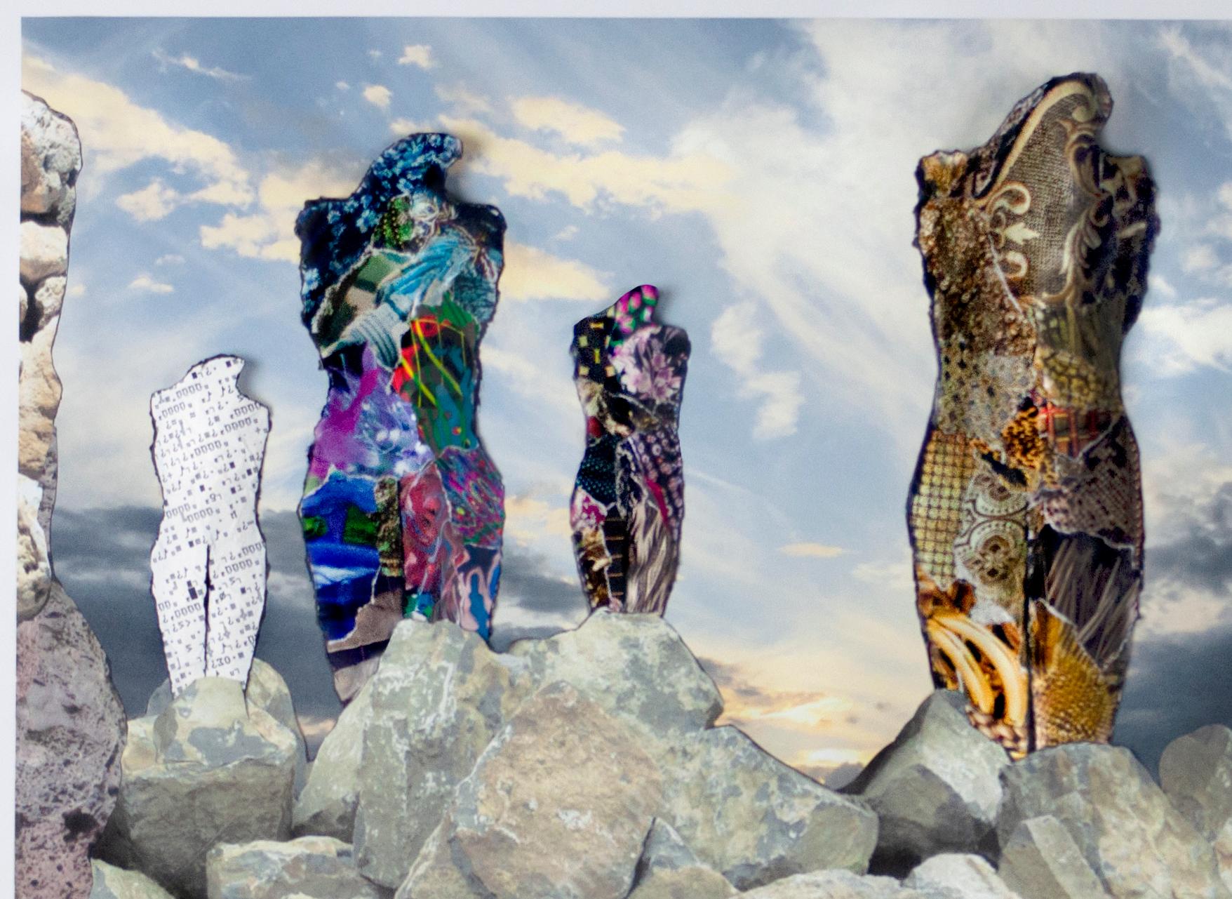 Six Figures Rising from Rocky Terrain 1000 - 3D Sculptural Drawing Collage - Contemporary Mixed Media Art by Linda Stein