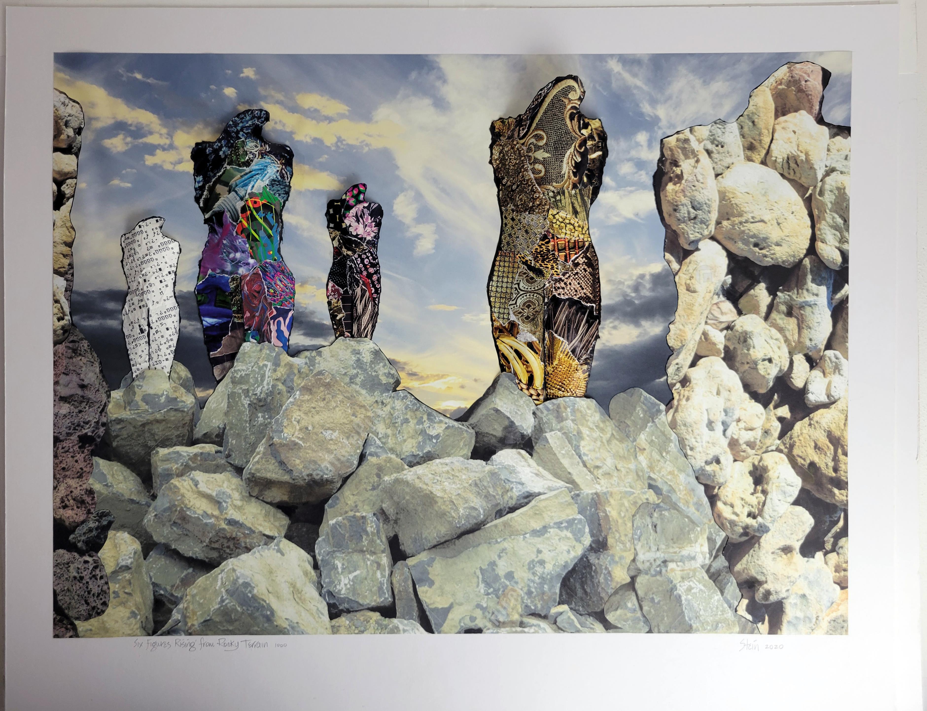 Six personnages s'élevant sur une terre rocheuse 1000 - Collage de dessin sculptural en 3D en vente 2