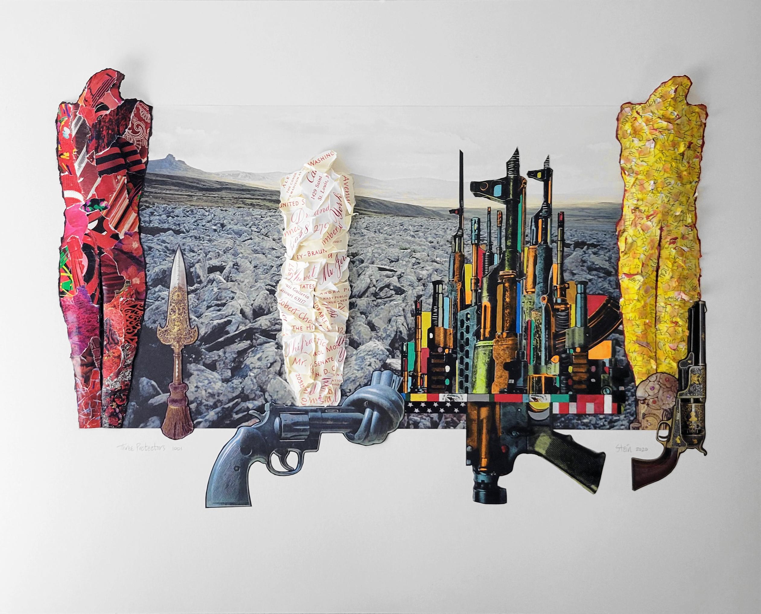 Linda Stein, Three Protectors 1001 - Collage contemporain de dessins sculpturaux en 3D en vente 3