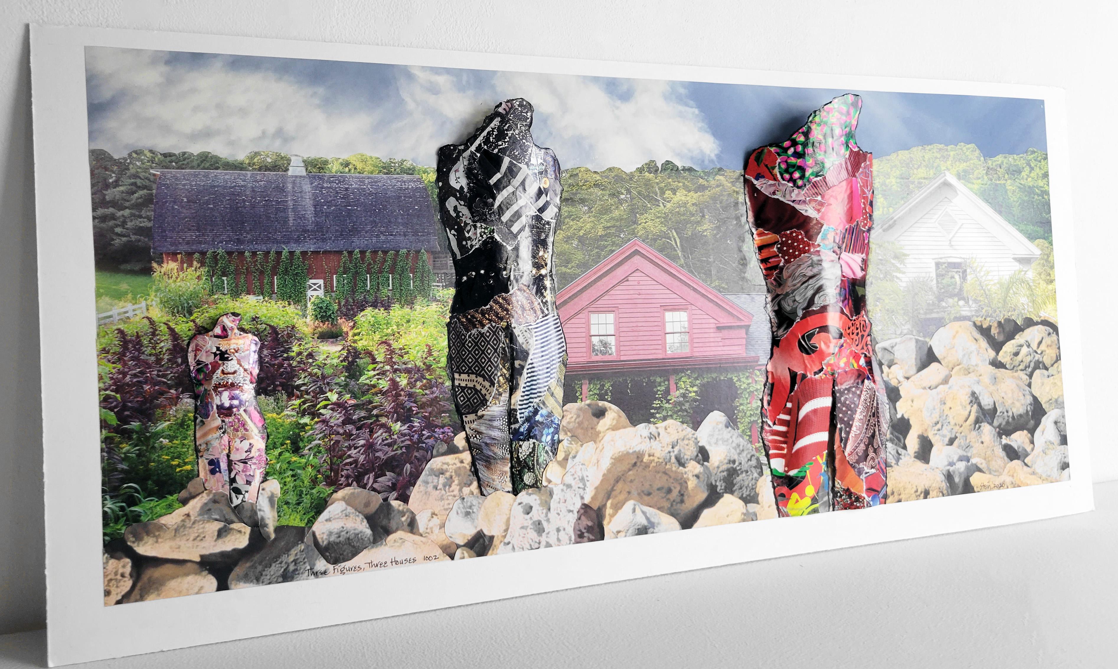 Linda Stein, Trois figures, trois maisons 1002 - Collage contemporain de dessins en 3D en vente 4