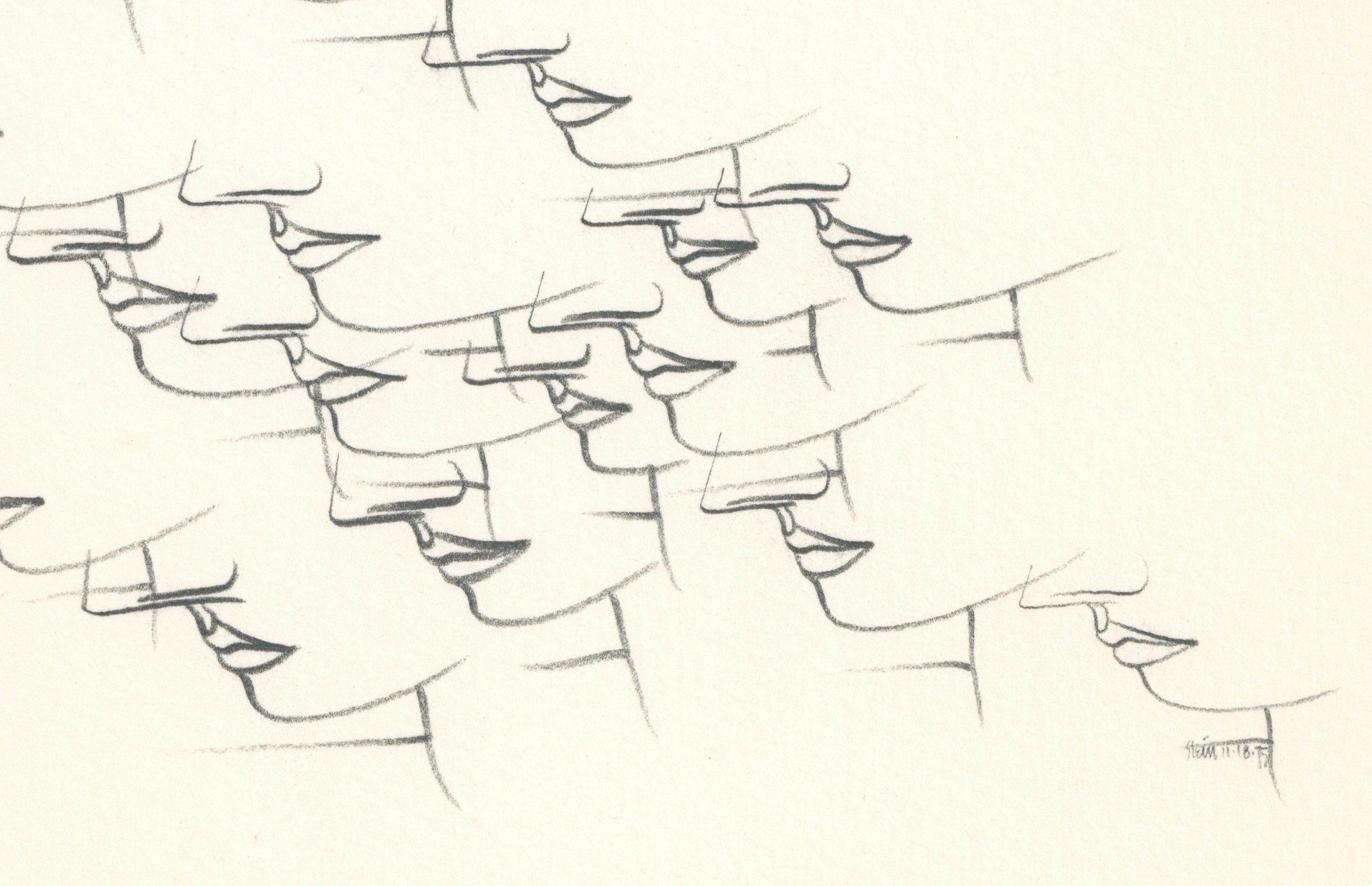Signed Feminist LGBTQ+ Graphite on Paper Drawing - Profile Flying 446.025 - White Portrait by Linda Stein