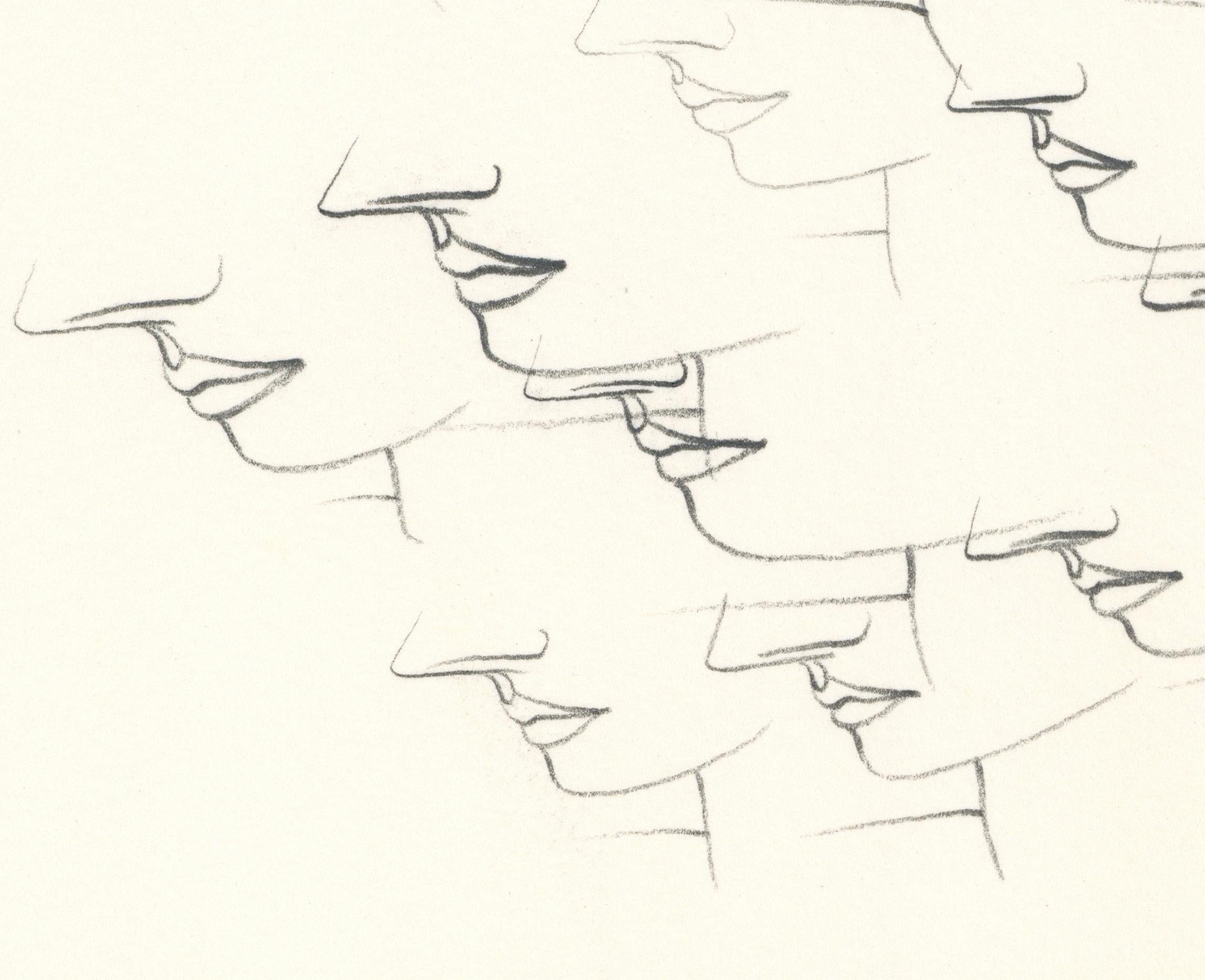 Linda Stein, Profile Flying 446.025 - Signed Feminist LGBTQ+ Graphite on Paper Drawing 

Profile Flying 446.025 is from Linda Stein's Profiles series--drawings, collages and paintings of facial profiles she made in the 1960s and 1970s when she was