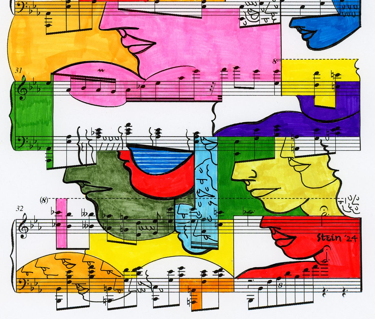 Signed Feminist LGBTQ+ Colorful Ink on Paper Drawing - Profile Notation 418.005 - Beige Figurative Art by Linda Stein