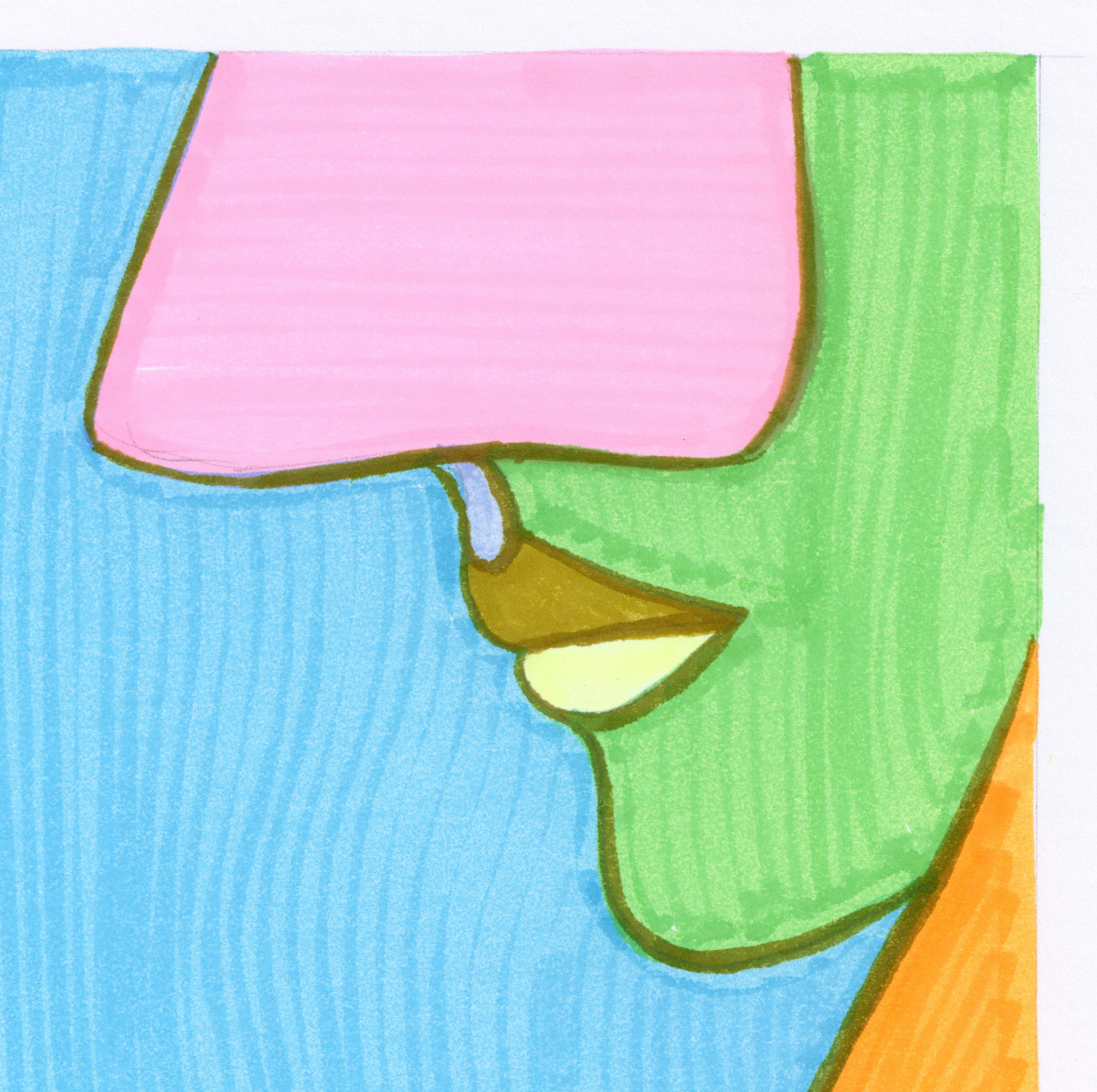 Dibujo Feminista LGBTQ+ Tinta de colores sobre tabla firmado - Linda Stein, Perfil 1192 en venta 1